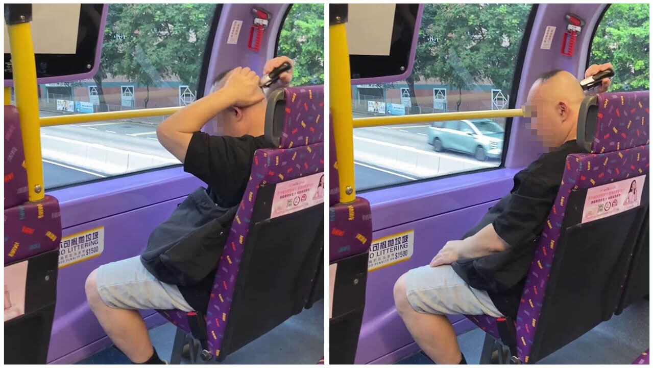 一名男子在巴士車廂內，旁若無人地用電剪修剪頭髮。(網上影片截圖)