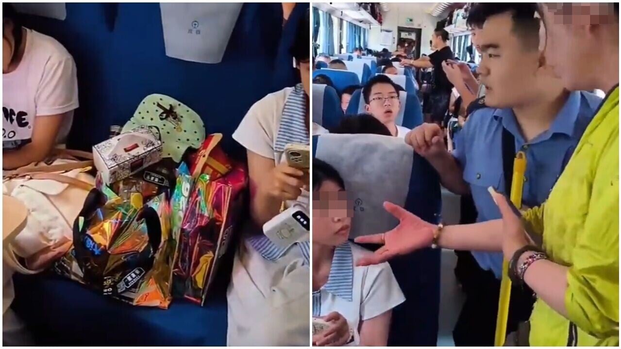 江蘇2女買3車票空位放零食，大媽討坐失敗，掀網民激辯。(微博)