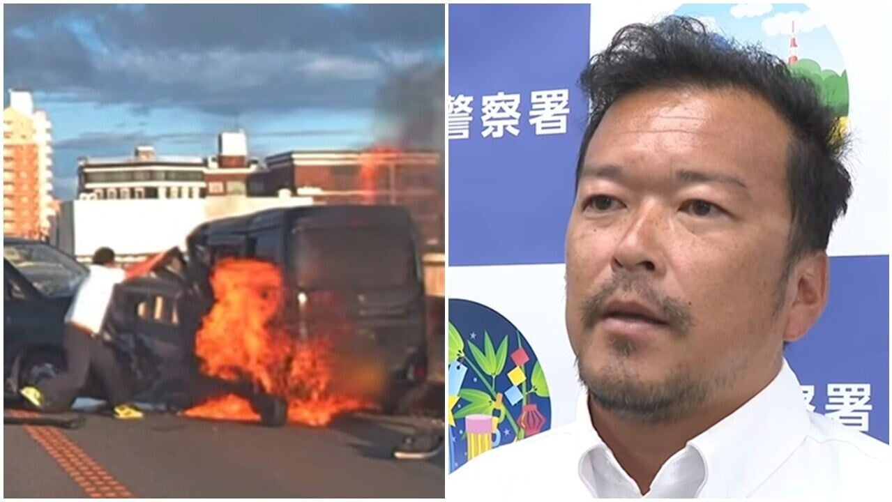 日本神奈川兩車相撞起火，教師徒手破門救司機獲表揚。(YT)