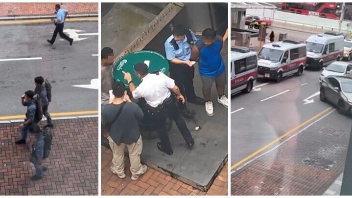 大批軍裝警員搜查棉登徑22號對開一間酒吧，現場押解被雙手反扣的非華裔男子上警車，亦有多部警車，反恐特勤隊更加入行動，引發市民圍觀。(Threads)
