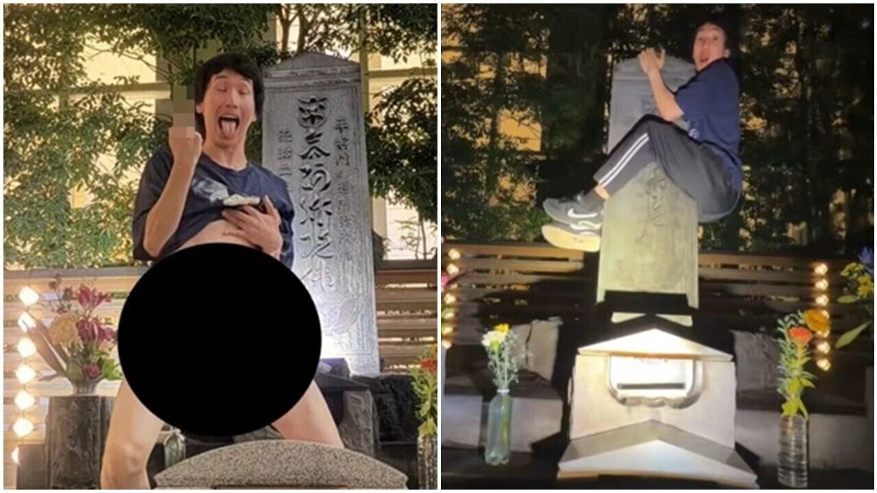 日網紅爬最兇怨靈石碑兼「露鳥」捱轟，帳號被封公開道歉。(X)