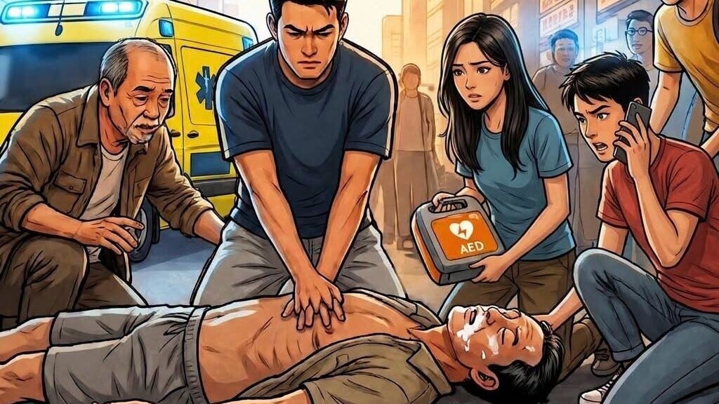 一名中年男子在旺角近花園街的行人天橋上突然昏迷倒地吐白泡，休班救護員及途人拯救，消防處於社交平台發文表揚。