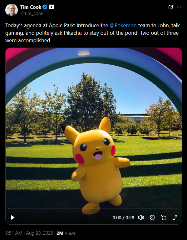 Tim Cook在X上發布了Pokémon團隊造訪Apple Park的短片。