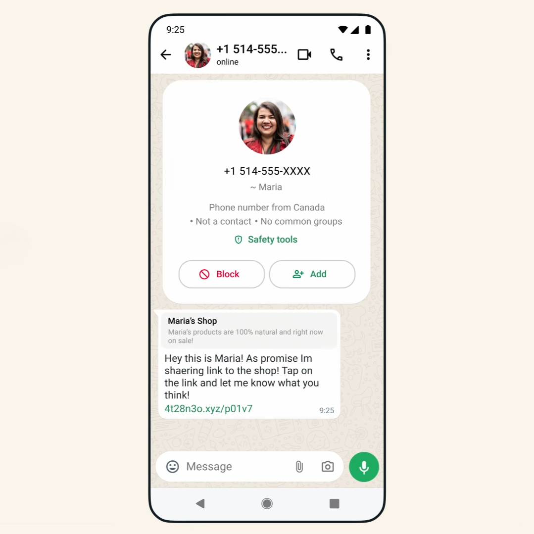 WhatsApp新功能|如遇到疑似詐騙訊息,WhatsApp建議進行封鎖並舉報。