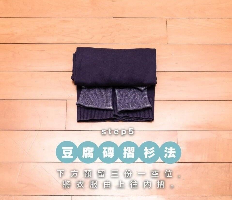 豆腐磚摺衫法,下方預留三份一空位,將衣服由上往內摺