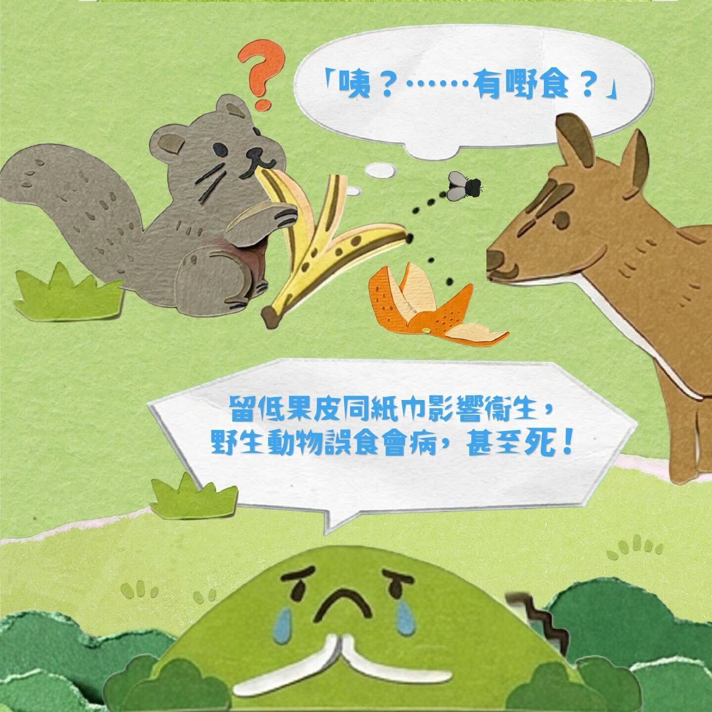 行山禮儀｜留低果皮同紙巾影響衛生，野生動物誤食會病甚至死亡（香港郊野公園）