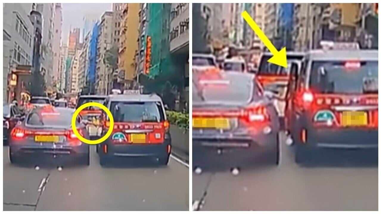 車Cam直擊，灣仔私家車切線不果，竟伸手開的車門逼讓路。(FB/車cam L（香港群組）)