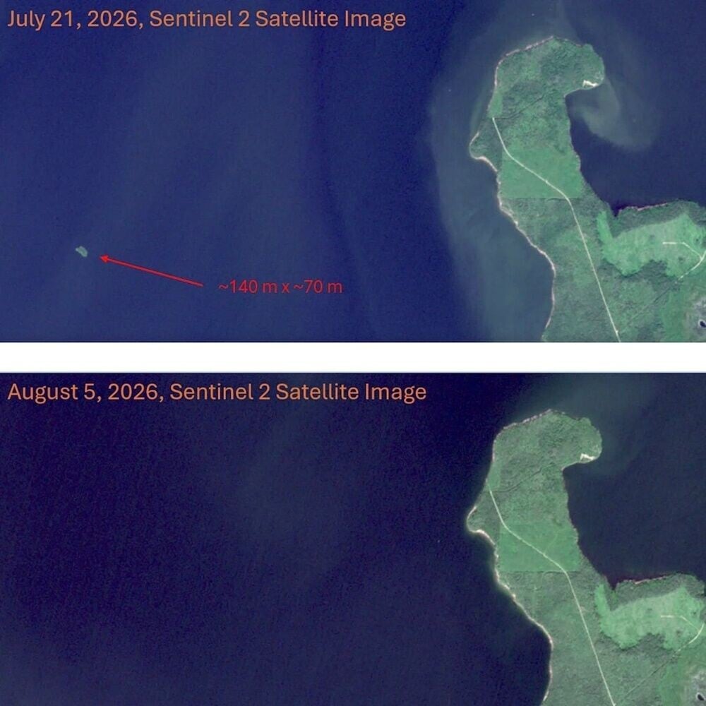 7月21日的衛星圖像,證實小島確實存在。奇怪的是,8月5日拍攝的新衛星圖像中,小島卻不見蹤影。(X)