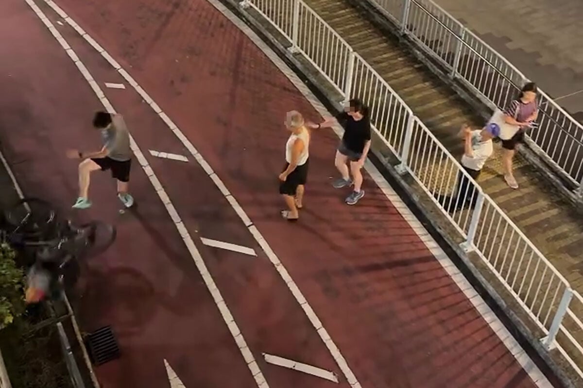有跑步男與單車翁在荃灣海濱長廊的單車徑爭執。(網上影片截圖)