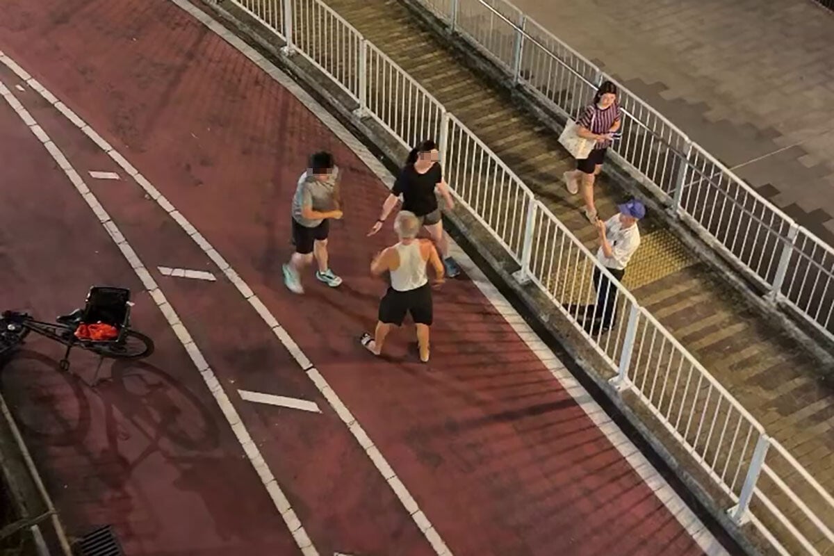 有跑步男與單車翁在荃灣海濱長廊的單車徑爭執。(網上影片截圖)
