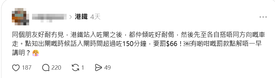 社交平台網民發文吐苦水,指自己早前與好久不見的朋友吃飯聚舊後一起搭港鐵,在二人入閘後意猶未盡站着繼續傾了很久,最後分別回家,怎料出閘時竟被系統要求徵收$66附加費,讓事主大感無奈且氣憤。帖文隨即引發熱議,大批網民紛紛指出這條規則已實施多年。(Threads)