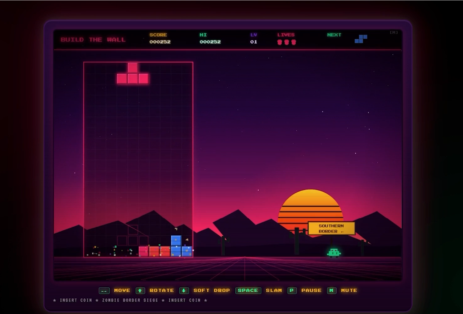 改編自《俄羅斯方塊》的《Build the Wall》。(白宮影片截圖)