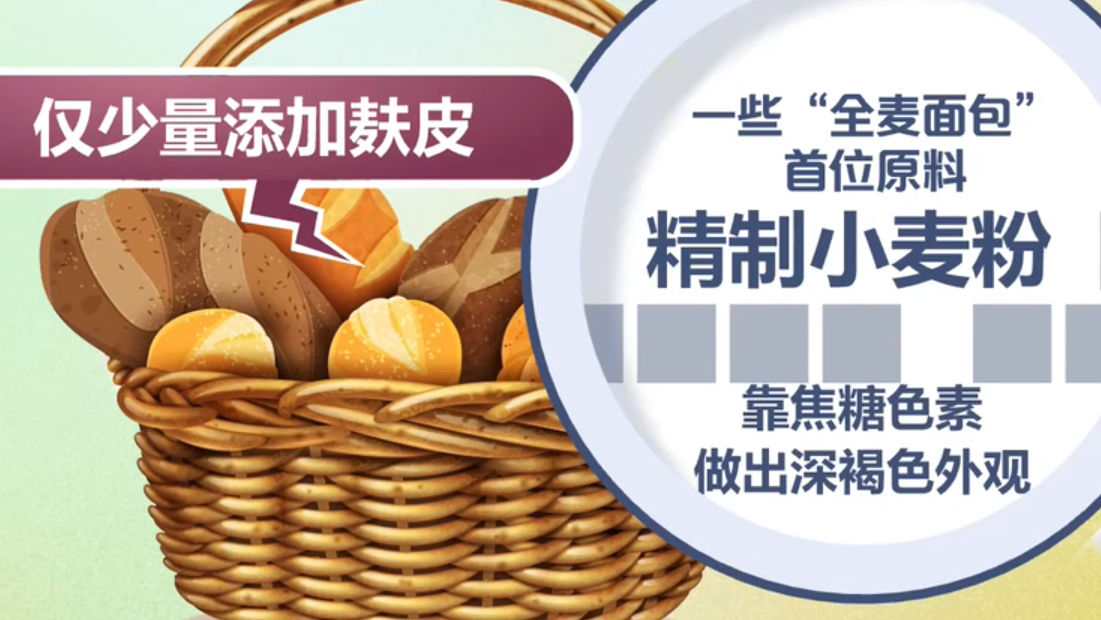 央視揭發市面大批標榜低脂控糖的全麥麵包，實際是以普通白麵包加焦糖色素染色製成。
