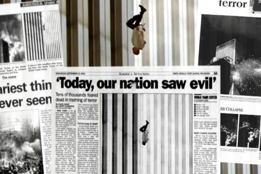 照片中男子身體筆直向下墮,被外界稱為「墜落之人」(Falling Man),更成為911襲擊最具代表性的影像之一。(互聯網)