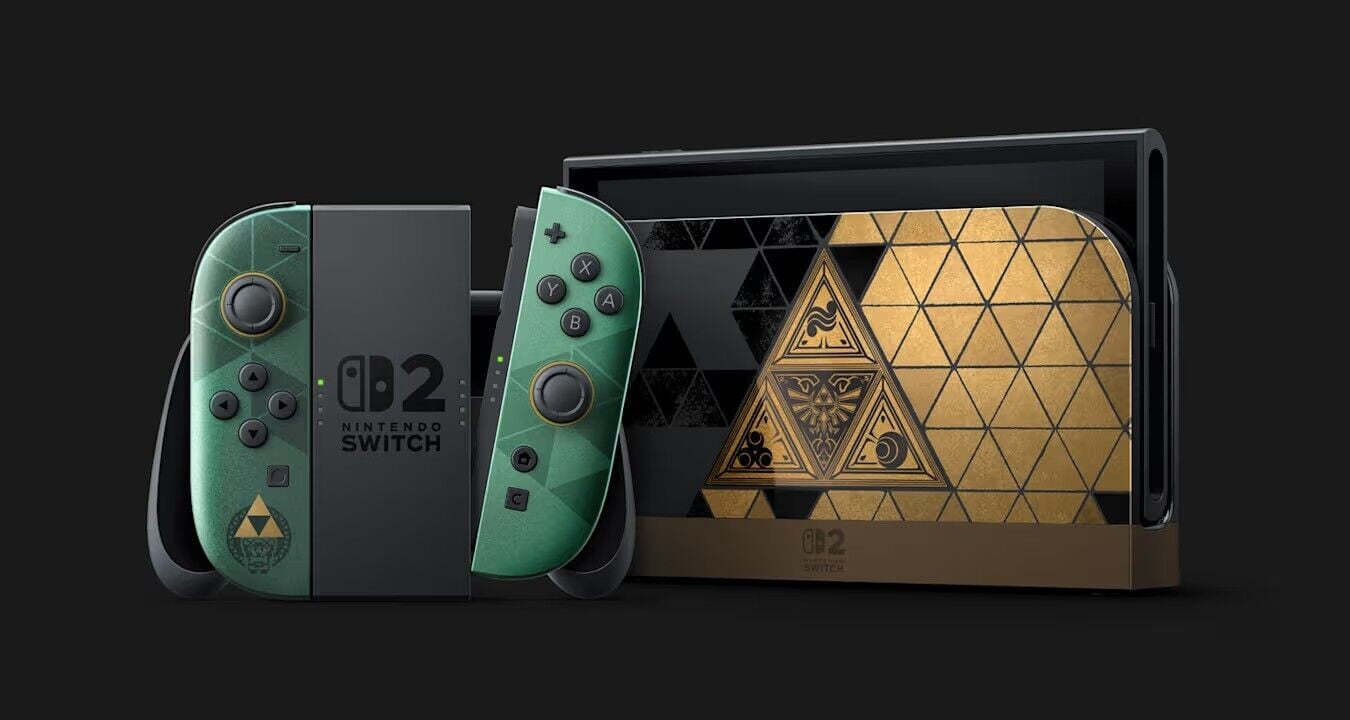 《薩爾達傳說:時之笛》Nintendo Switch 2主機印上金色聖三角圖騰主題設計。