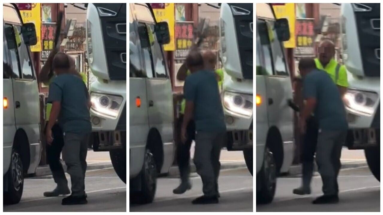 油塘兩司機泊車爆爭執，光頭漢擸鐵通兜頭扑，對方當場倒地。(Threads@lyz_.013)