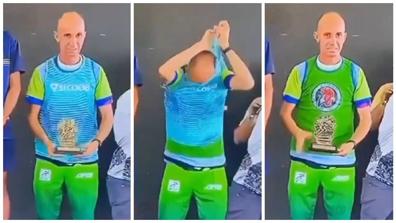 運動員頒獎台上連脫11間贊助商衣服，逐一曬Logo拍照爆紅。(X)