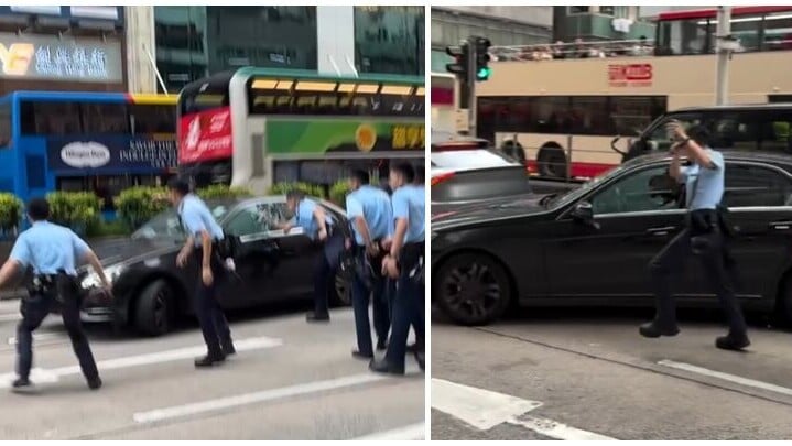旺角彌敦道多名警員包圍平治私家車，要求司機落車，其間有警員手持伸縮警棍敲破車身玻璃，惟司機加速離開。(Threads)