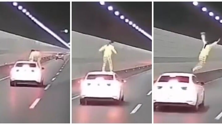 浙江錢江隧道一輛私家車在隧道內行駛期間，副駕駛座一名女子突然爬出車窗，站上車頂後突跳下，鄰線後方一輛大型貨車緊急避讓。(影片截圖)
