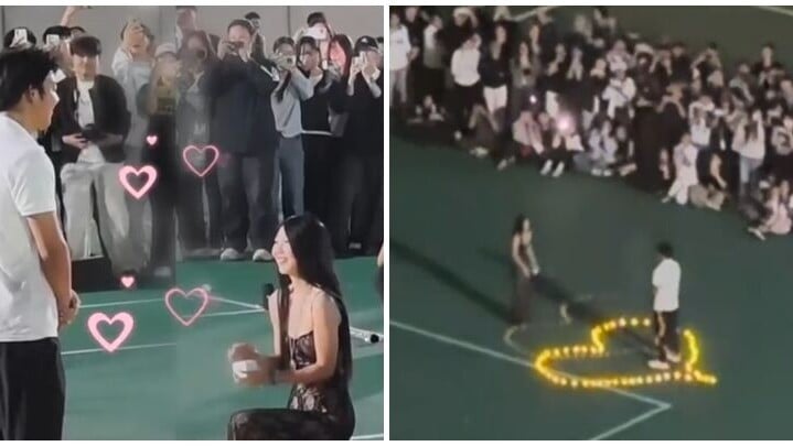 河北石家莊美術學院校園操場，一名女生向男方單膝跪地求婚(微博影片)