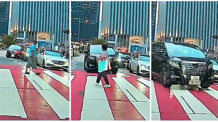 一輛掛兩地牌的七人車駛至啟德沐翠街晴朗商場對開一條斑馬線時疑「趕時間」，突然扭軚切出逆線「爬頭」強行橫越斑馬線。(車cam L（香港群組）fb)
