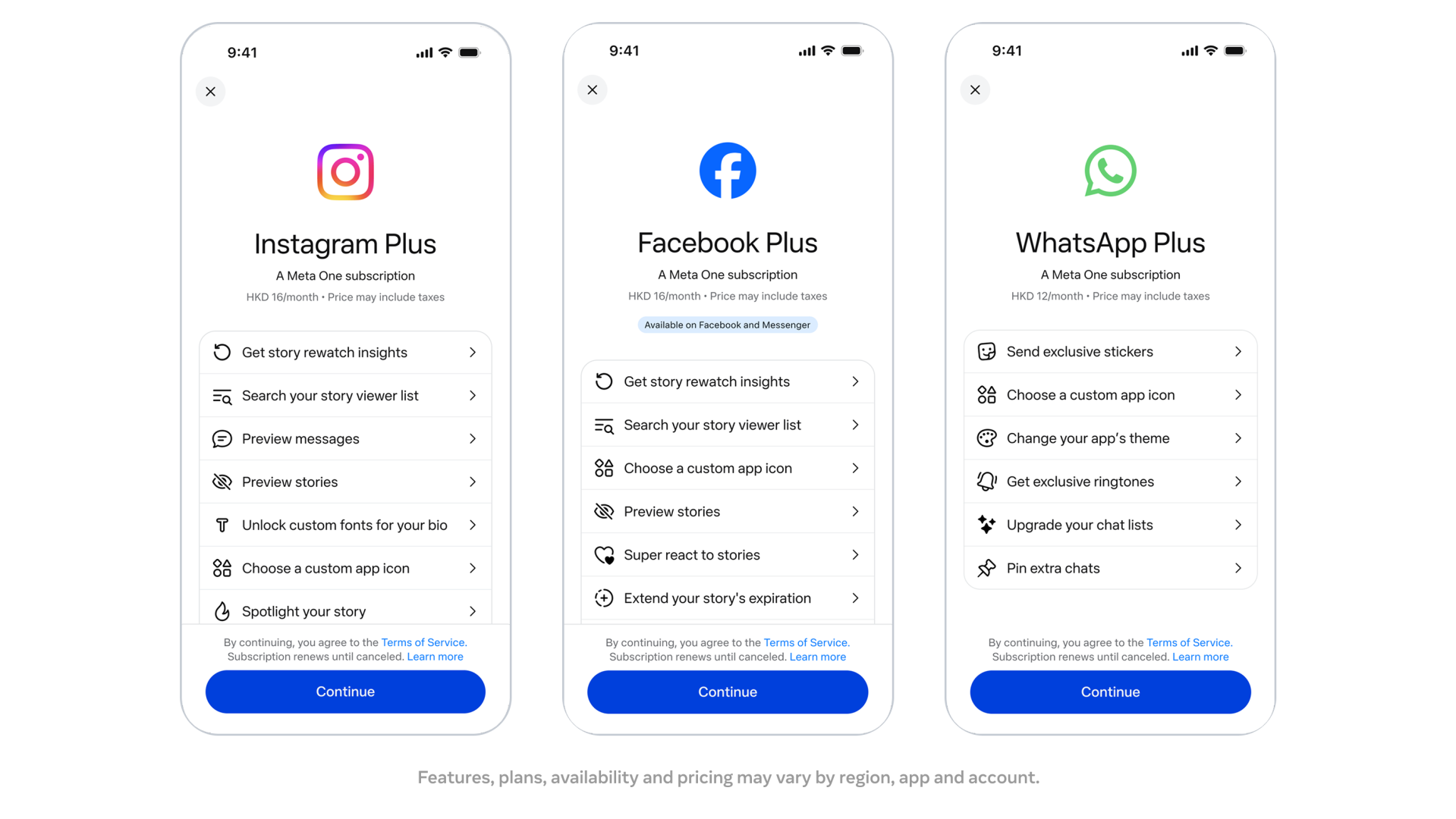Meta One的Instagram Plus、WhatsApp Plus及Facebook Plus功能一覽。