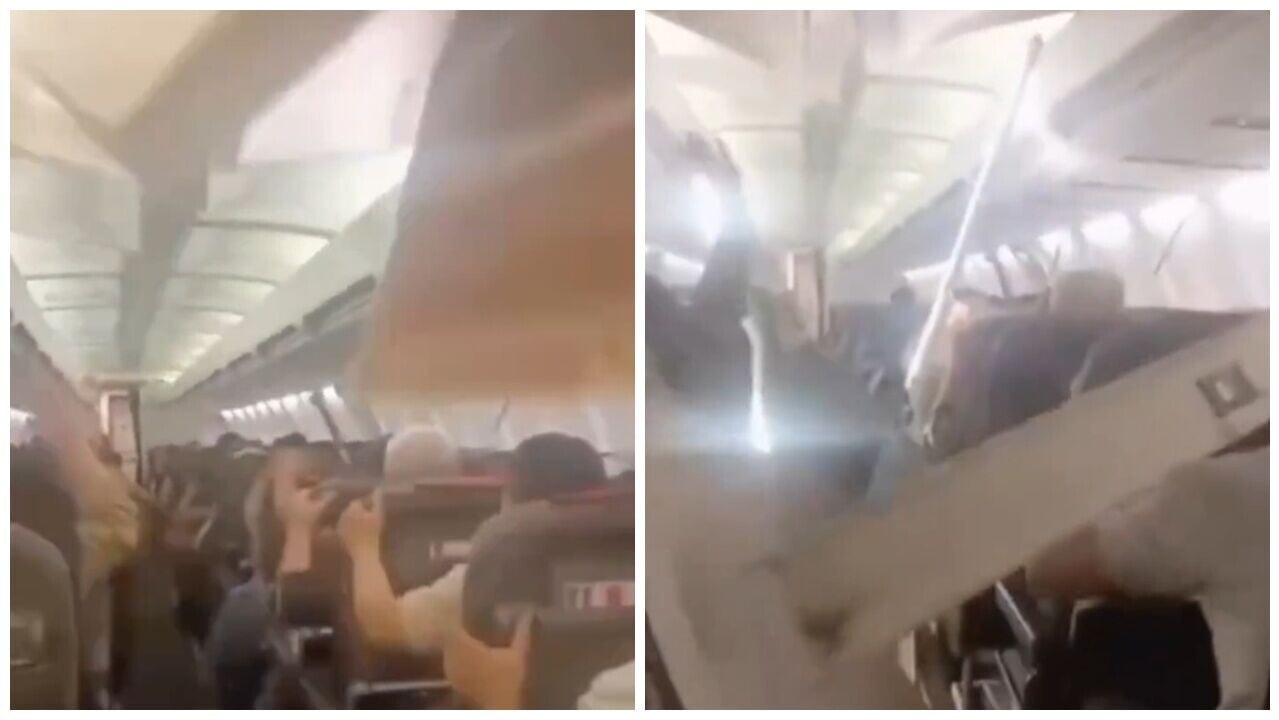客機高空甩轆機身劇烈震動，天花撕裂全機尖叫恐慌。(X)