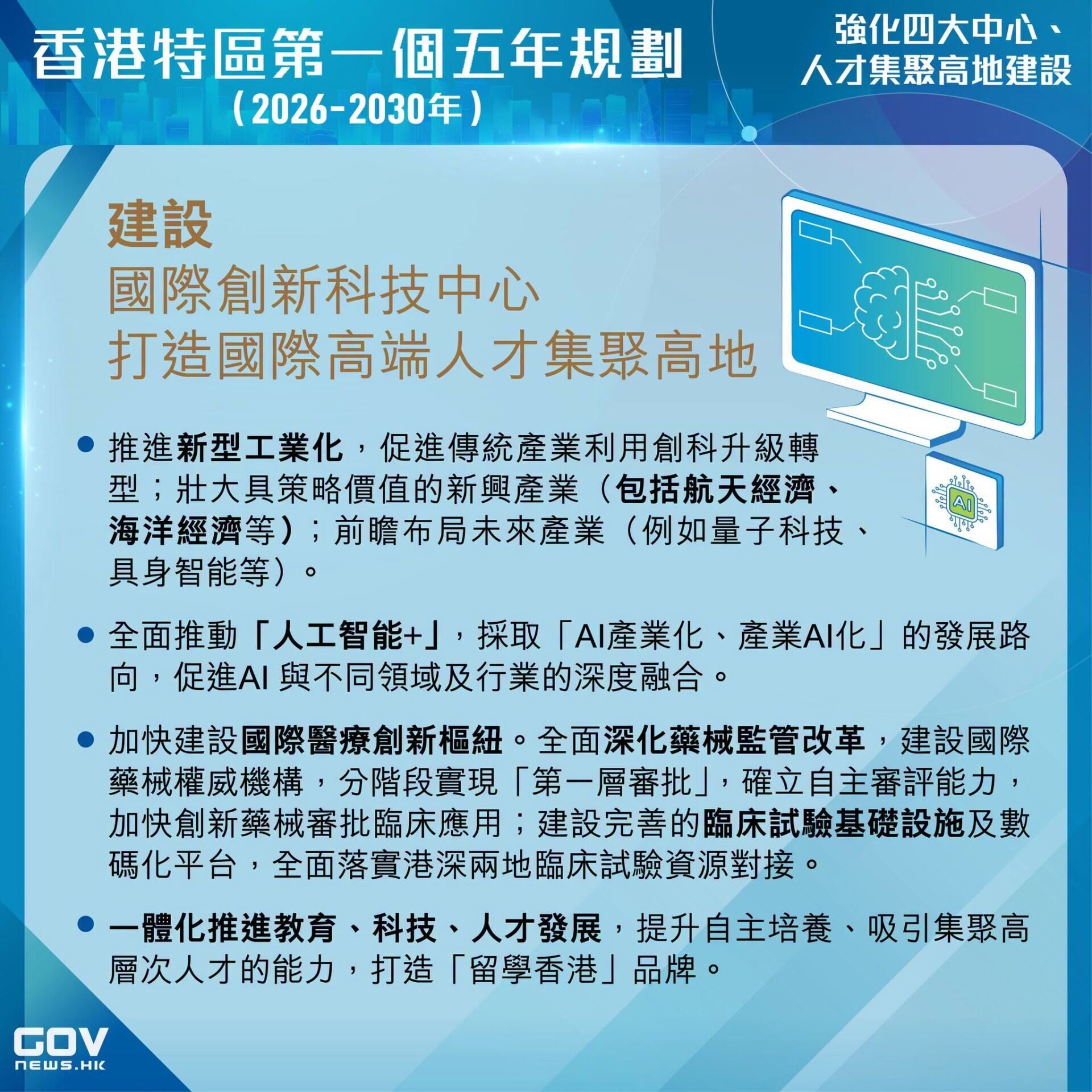 五年規劃・施政報告懶人包|建設國際創新科技中心 打造國際高端人才集聚高地(添馬台Facebook)
