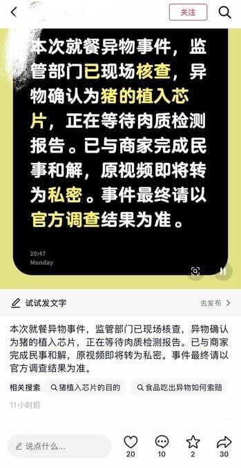事主最後更新指,監管部門已現場核查,異物確認為豬的植入芯片,正在等待肉質檢測報告。(小紅書)