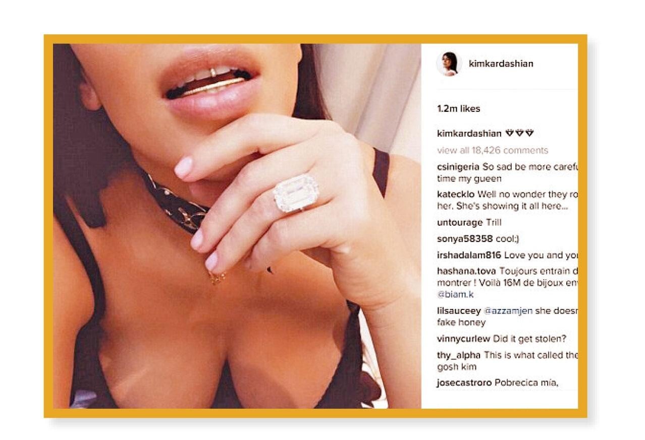 名媛Kim Kardashian去年在社交網展示鑽戒後於巴黎遇劫。(互聯網)
