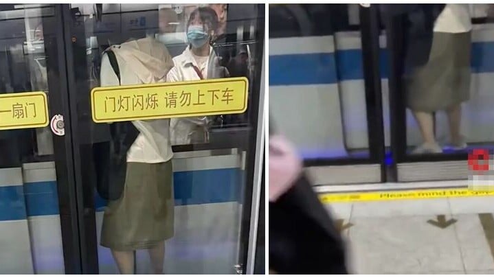 上海地鐵一名女子乘客「衝門」失敗，慘被夾於列車車門與月台幕門之間（影片截圖）