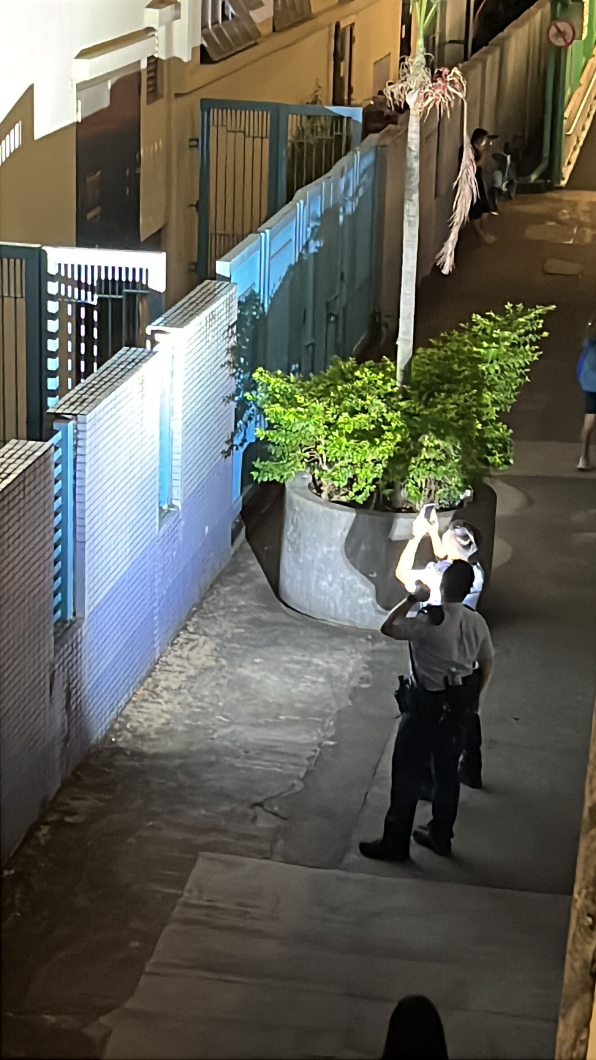 一名女子在豐年路近元朗商會中學對開,懷疑被一名男子用𠝹刀襲擊。多架警車停泊於元朗商會中學附近,大批警察在場蒐證,以及用電筒照射校舍。(Threads)