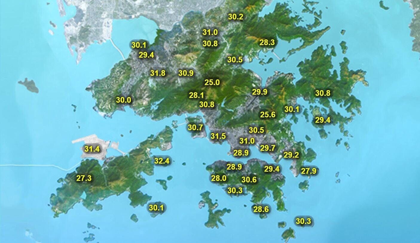 今日陽光充沛最高氣溫32度,明日稍後局部地區有驟雨。(香港天文台)