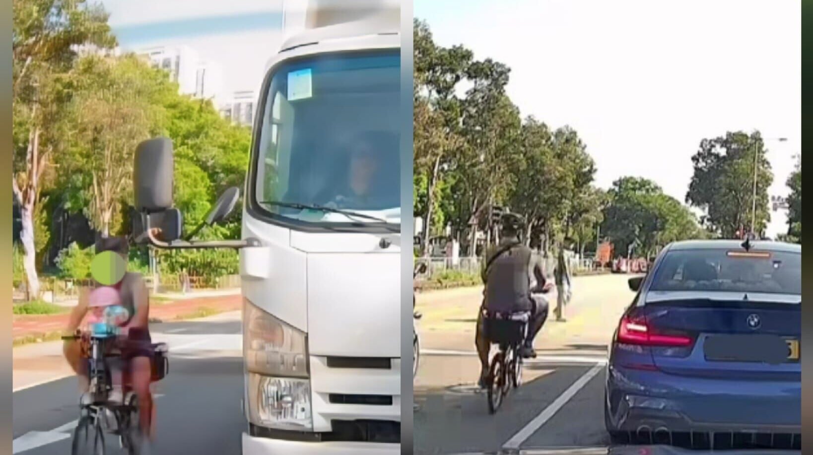 元朗男載小童馬路踩單車　貨車旁駛過再穿插衝紅燈