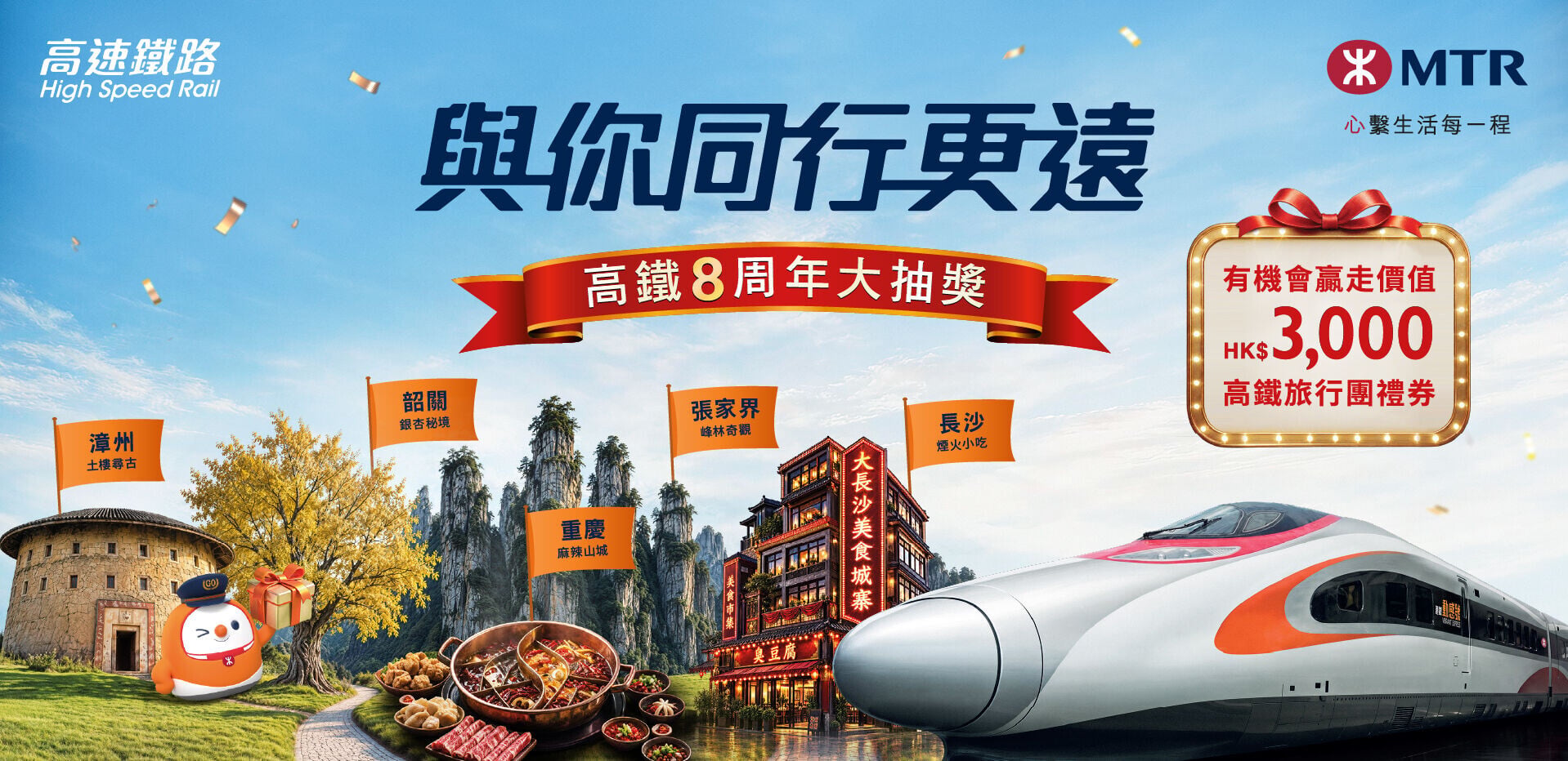 高鐵8周年大抽獎 由2026年9月23日起 連續三個星期三 送逾80萬份禮物 焦點大獎價值港幣$3000高鐵旅行團禮券