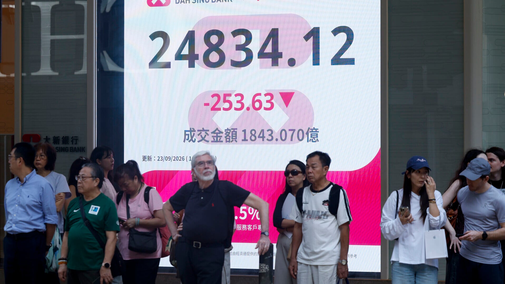 恒指收報24,834點，跌253點。(中通社)