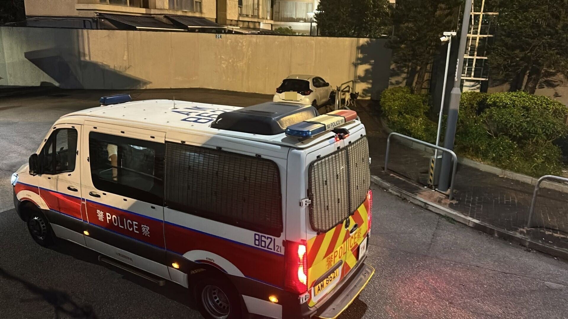 屯門4犬「拆車」扯甩車頭泵把,遇警車火速逃離現場。(香港突發事故報料區及討論區)