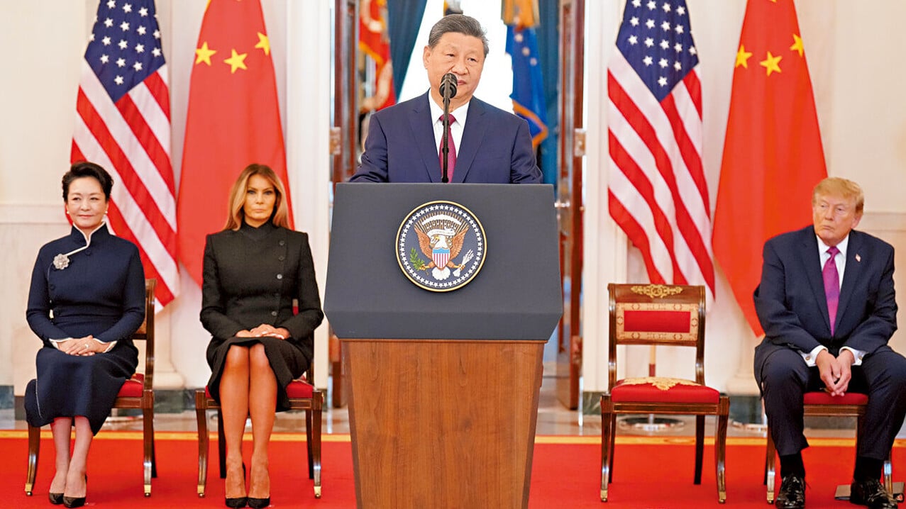 習近平昨在白宮歡迎儀式上發言。(美聯社)