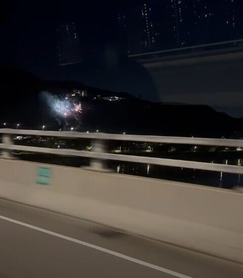 公路旁的夜空突然有十多響煙花接連綻放。影片沒有交代到事發地點。(FB/大埔 TAI PO)