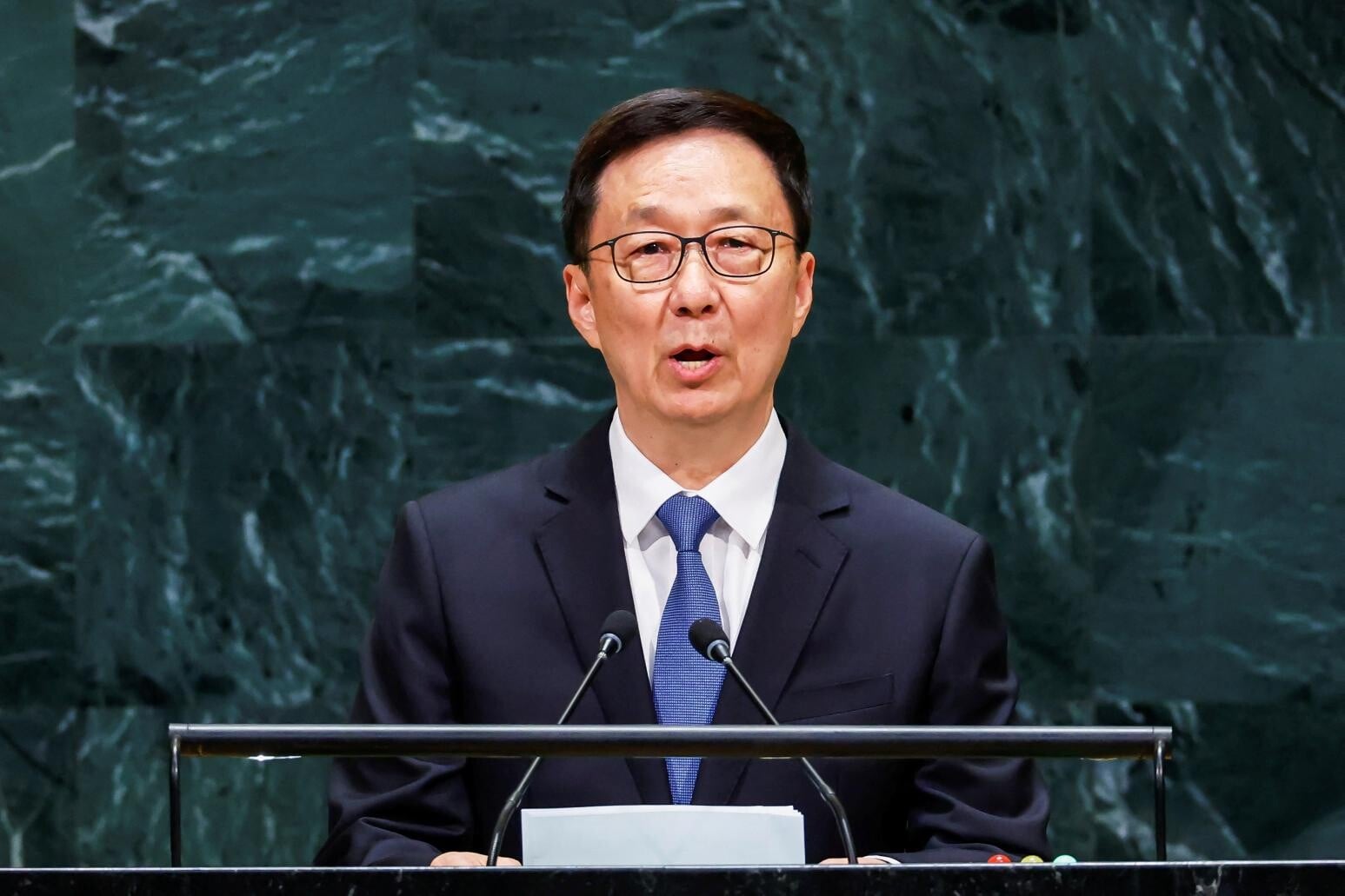 國家副主席韓正9月26日在美國紐約聯合國總部舉行的第81屆聯合國大會，發表演說。（路透社）