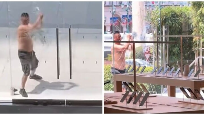 一名赤膊男子在澳門倫敦人狂砸蘋果公司專門店玻璃門多下，事件發生時，店內仍有大量民眾正在選購產品。(影片截圖)