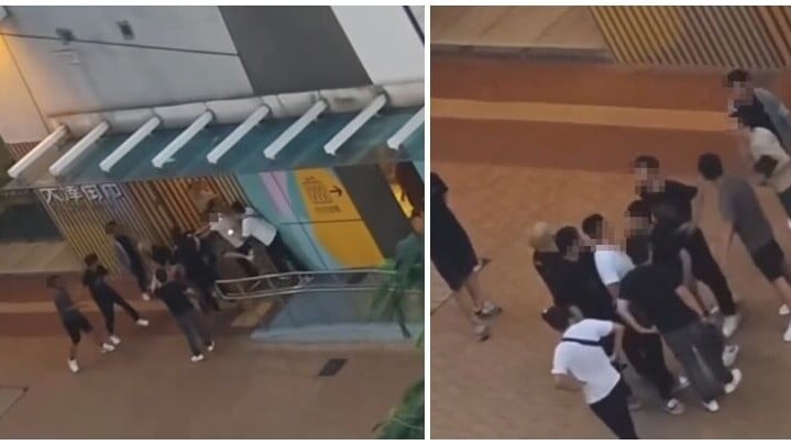 天水圍天澤街市外有兩批共十多名的男子打鬥，其間雙方互相指罵叫囂推撞，有人揮拳施襲「起飛腳」(影片截圖)