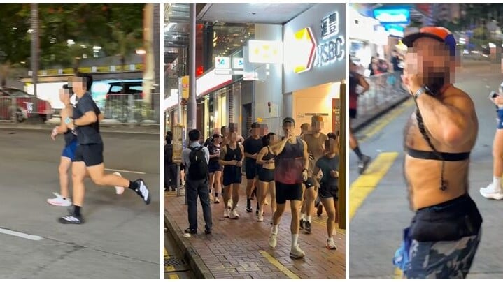 數十名跑步群組參加者晚上相約在港島集體跑步，有攝影師陪同，期間眾人由灣仔修頓球場對出的軒尼詩道過馬路，及後於行人路在其他市民之間穿插，有跑手對鏡頭「擺pose」。眾人及後跑往灣仔海濱，最終返回市區「衝線」。(IG影片截圖)