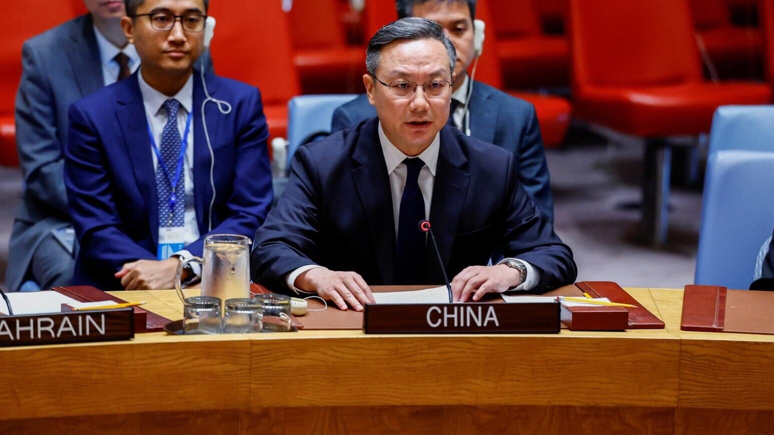 中國常駐聯合國代表孫磊25日在美國紐約聯合國總部發表演說。（圖／路透社）