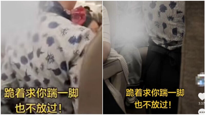 東航空姐下跪向乘客道歉。（圖／翻攝新浪微博）