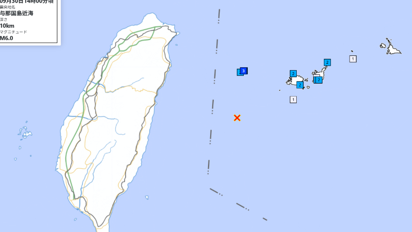 台灣東部海域發生黎克特制5.9級地震，地震深度13.3公里，日本氣象廳觀測，沖繩與那國島也出現震度3以上的搖晃。（圖／日本氣象廳）
