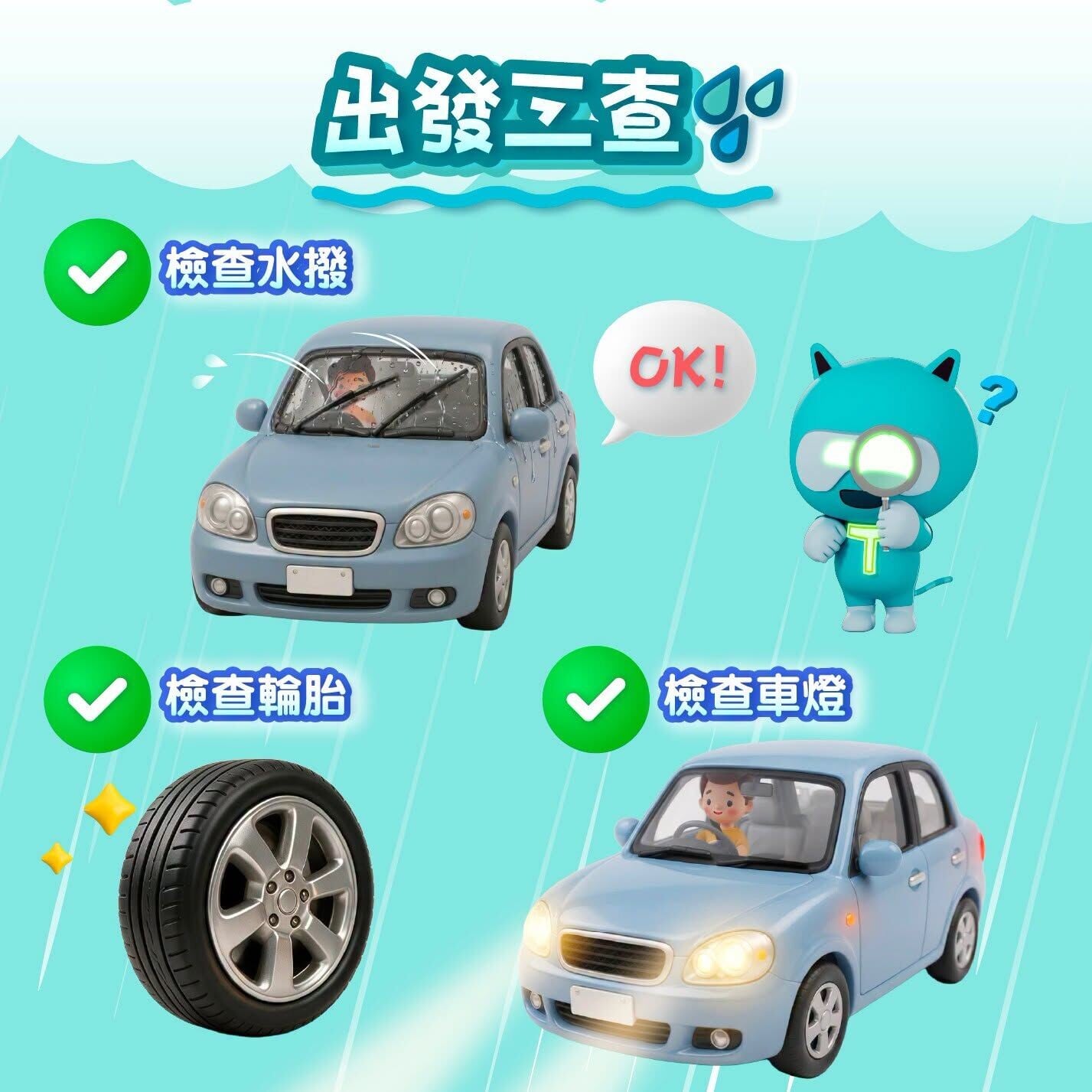 出發前檢查水撥、輪胎及車燈(運輸署)