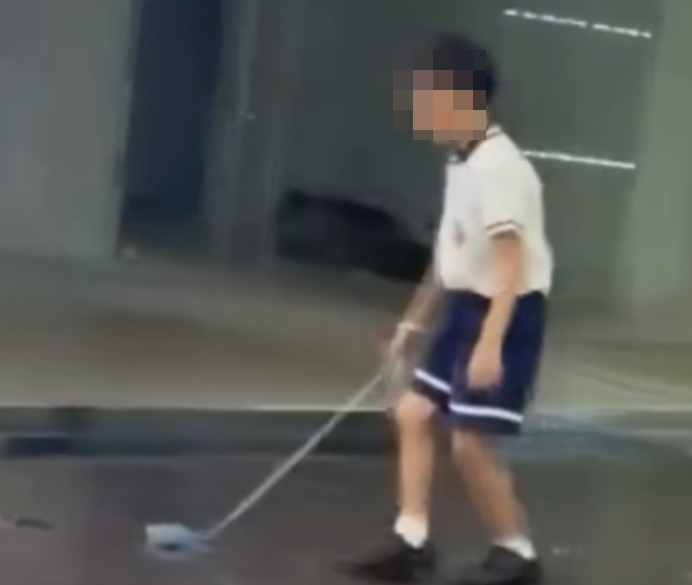 網傳片段,一名男童用繩吊起雀鳥並拖行(Threads)