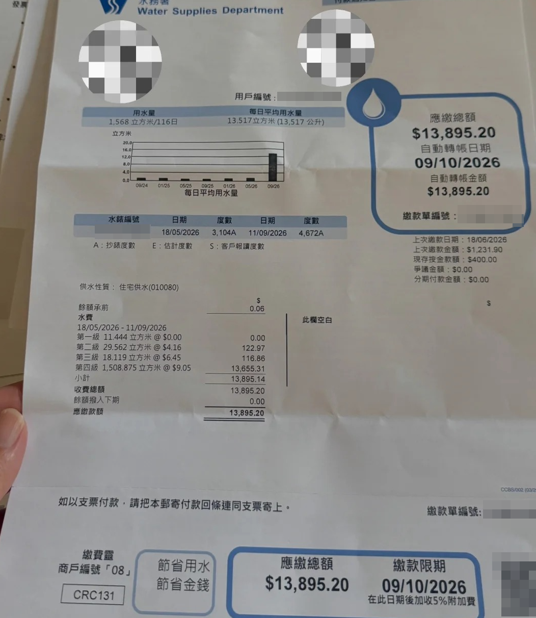 一名居於香港的內地女生近日在社交平台小紅書發文,指9月接獲一張高達近$1.4萬港元的天價水費單,金額之高令人咋舌,旋即引起網民熱議。樓主隨後發現原來一原因導致水用量暴升。
