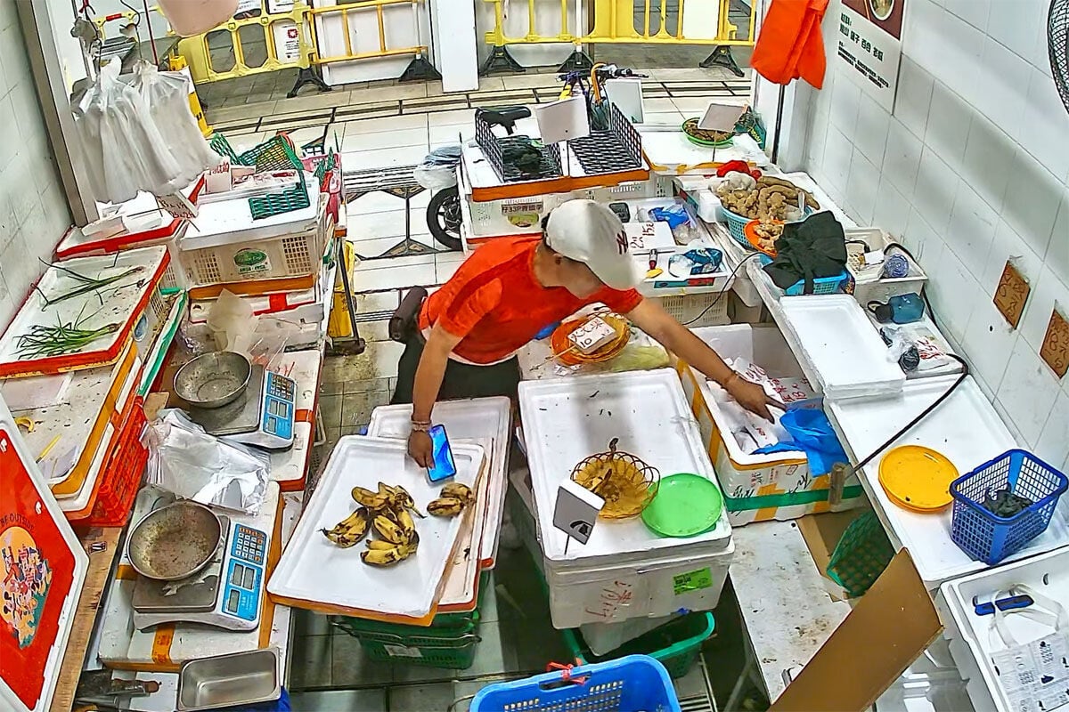 清濤苑街市一個檔口遇竊,賊人用店內取得的環保袋裝「戰利品」。(閉路電視片段截圖)